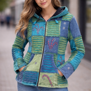 Multicolor patch jacket with fleece lining.