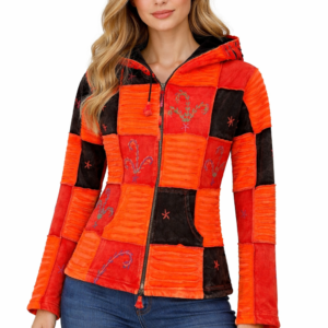 Orange red Multicolor patch jacket with fleece lining.